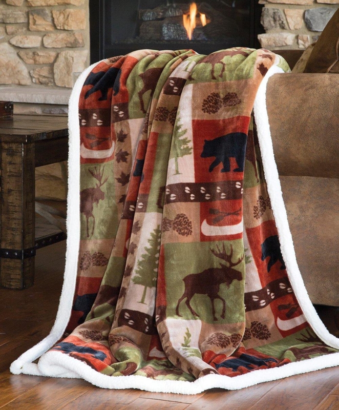 Sherpa Fleece Throw Blanket Bear Moose Patchwork Green Red Rustic
