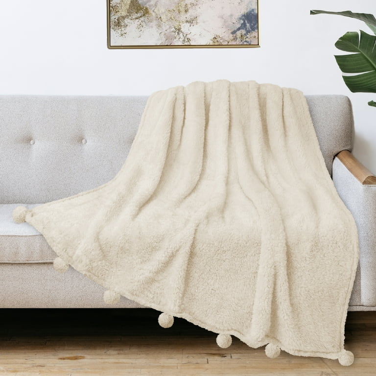 Sherpa Throw Blanket with Pom Pom Fringe, Plush Ivory Boho Chic Decor