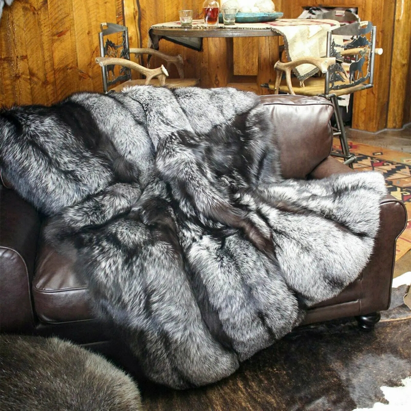 Silver Fox Faux Fur Throw Blanket Multi Tonal Pile Scandinavian