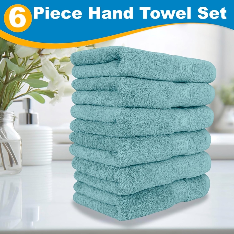 Six-Piece White Hand Towel Set with Geometric Dobby Border