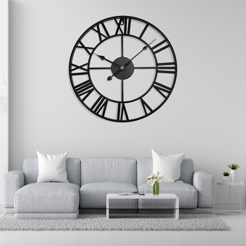 Skeleton Wall Clock Giant Roman Numerals Black Metal