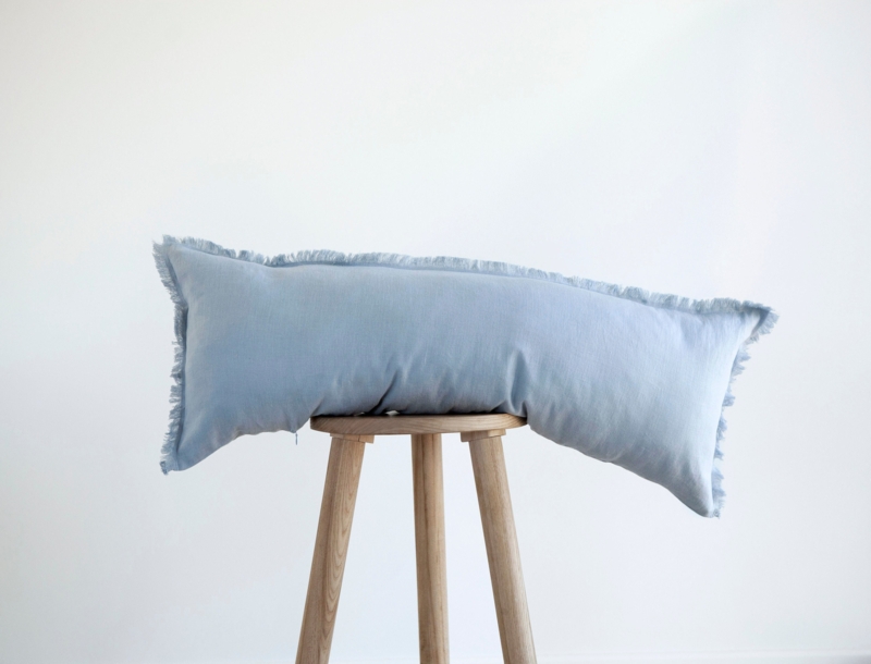 Slate Blue Linen Long Lumbar Pillow Fringed Edges Farmhouse