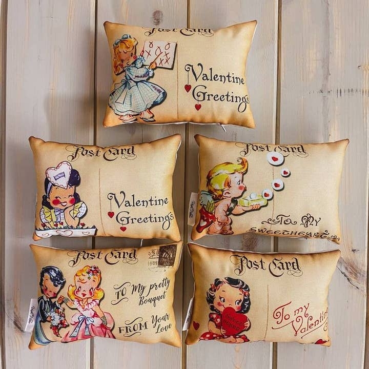 Small Accent Pillows with Vintage Postcard Print for Cottagecore Decor