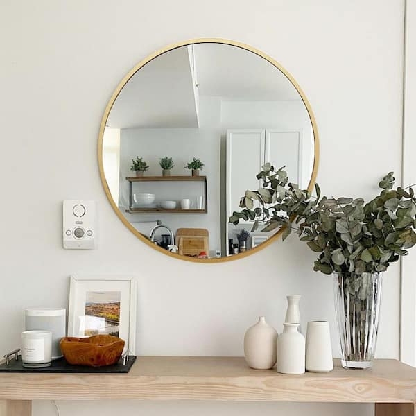 Small Round Wall Mirror, Thin Gold-Toned Frame, Textured Wall Decor