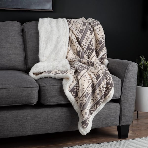 Snowflake Print Throw Blanket Gray Fleece White Sherpa Lining Decor