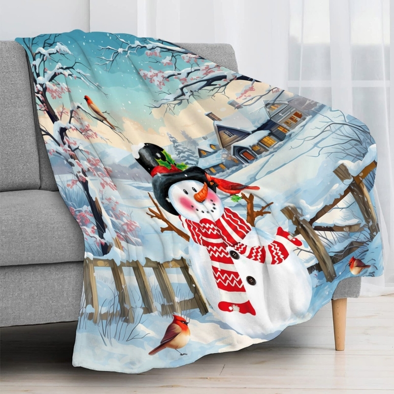 Snowman Pattern Holiday Throw Blanket, Red