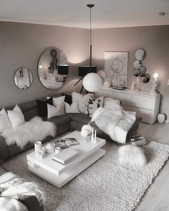 Sofa: Low Profile Gray Design against Charcoal Accent Walls