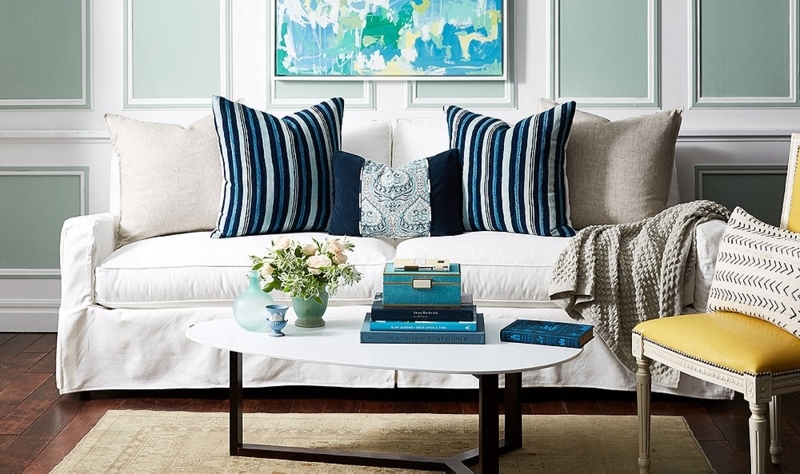 Sofa Throw Pillow Styling Ideas for High Contrast Dark Teal Walls