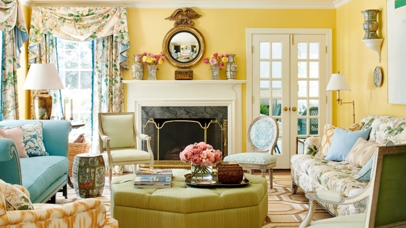 Sofa Yellow Tufted Upholstery Transitional Black Window Frames