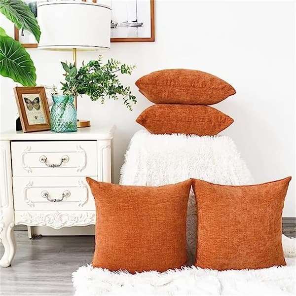 Solid Burnt Orange Throw Pillow Set with Soft Chenille Touch