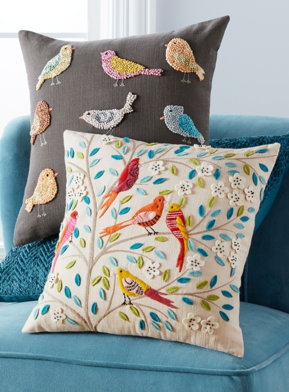 Songbird & Floral Embroidered Throw Pillow, Cream & Blue, Global Boho