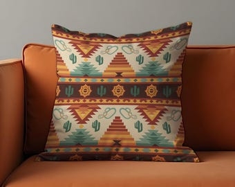Southwestern Desert Throw Pillow with Cactus Motif and Terracotta Accents