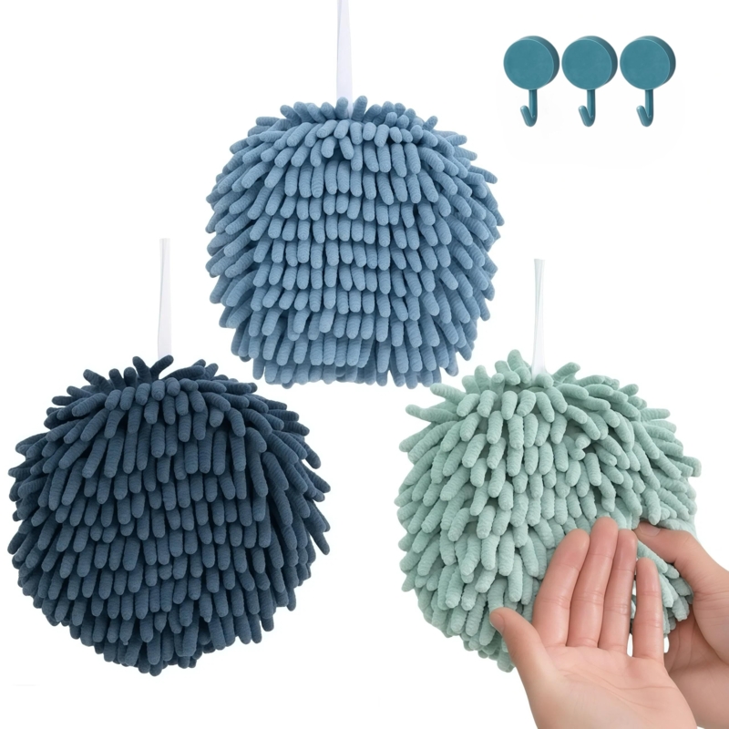 Spherical Chenille Hand Towels, Microfiber Hanging Loops