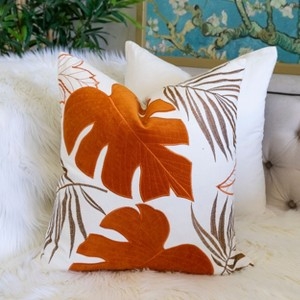 Spice Orange Throw Pillow: Raised Leaf Pattern, Velvet Texture.