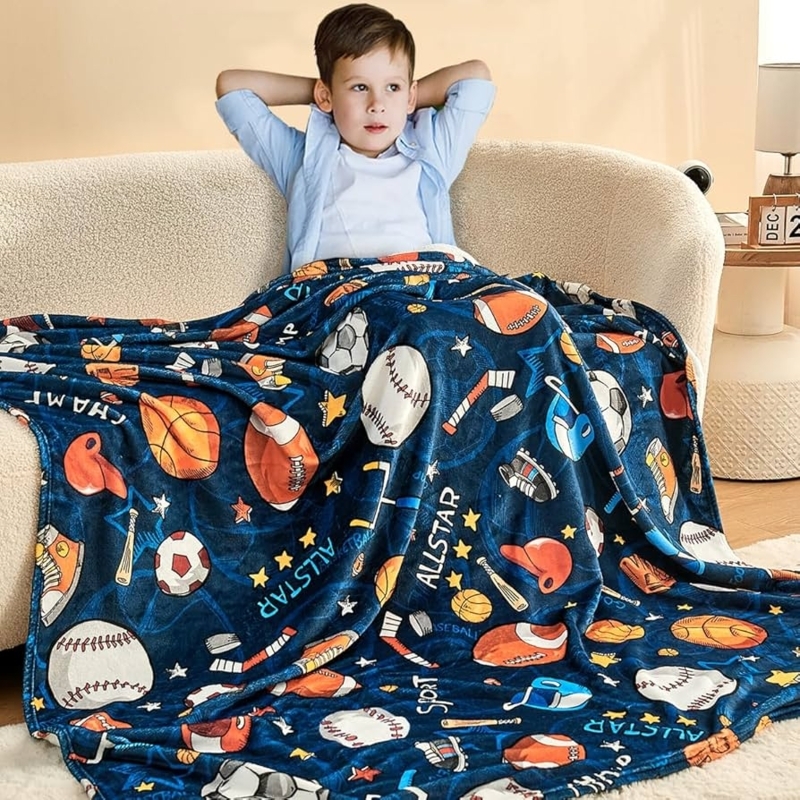 Sports Throw Blanket Fleece 3D Soccer Basketball Baseball Print Boys