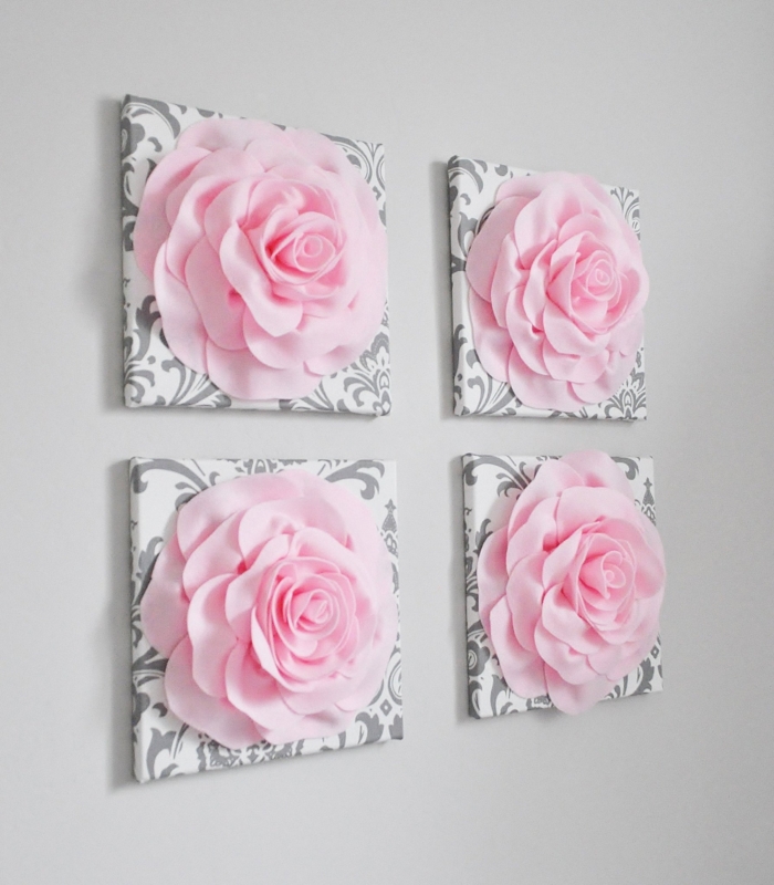 Square Floral Wall Art Set Rose and Damask Pattern