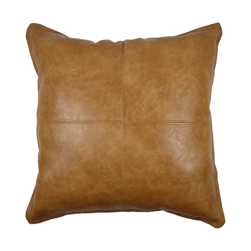 Square Pillow: Tan Faux Leather, Stitched Perimeter, Industrial Cushion