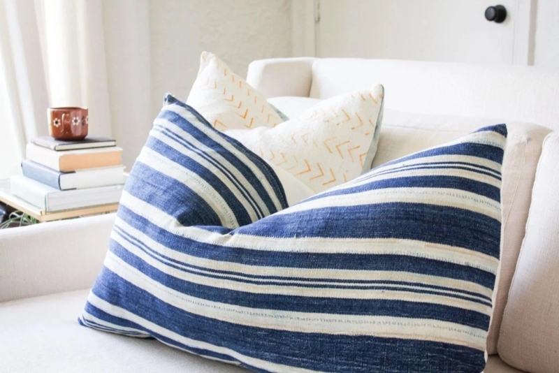 Square Throw Pillow: Blue & Cream Varied Stripe Woven Boho