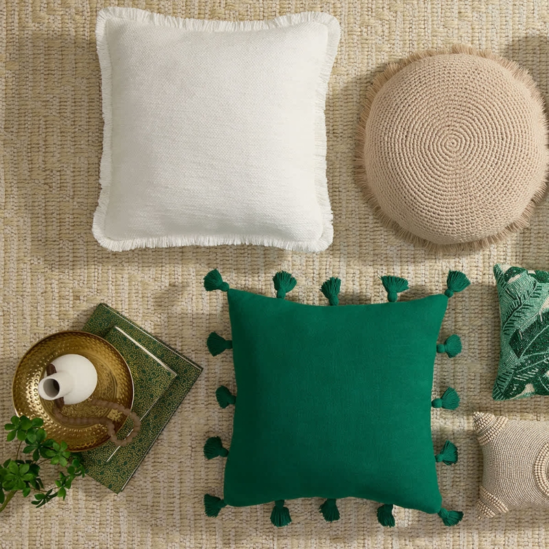 Square Throw Pillow Corner Tassels Sage Green Linen Like Boho Chic