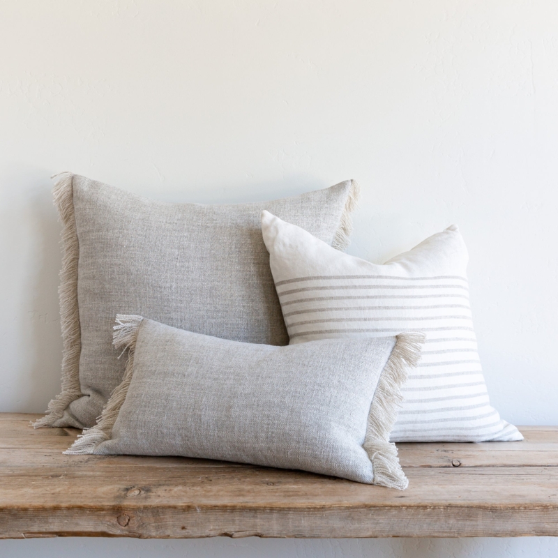 Square Throw Pillow Frayed Fringe Trim Charcoal Gray Linen Like Fabric