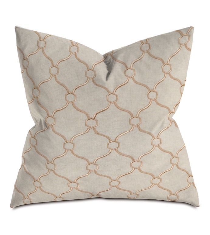 Square Throw Pillow: Metallic Gold Geometric Embroidery on Beige