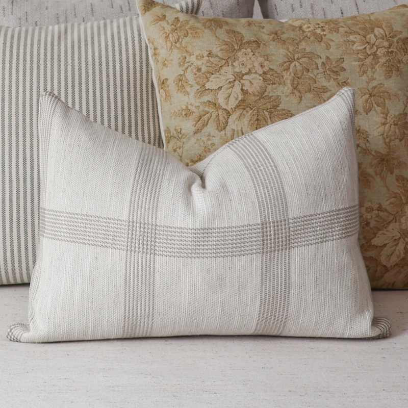 Square Throw Pillow Windowpane Grid Pattern Cream Tan Linen Like Fabric