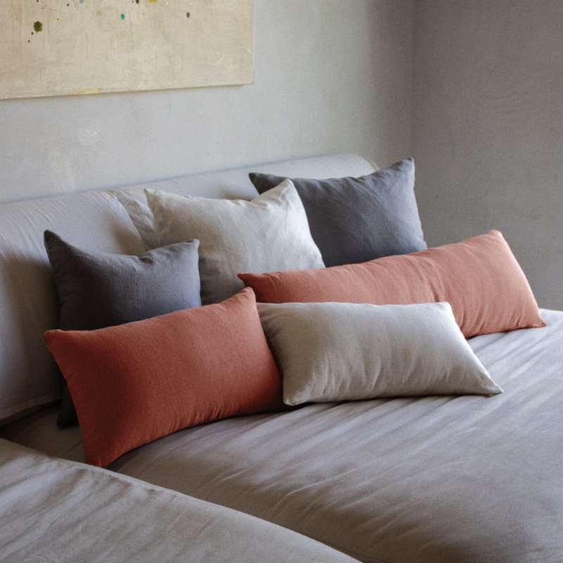 Square Throw Pillows Heavy Slub Weave Charcoal Cream Linen Like Flange
