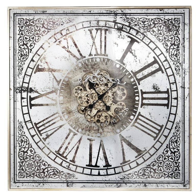 Square Wall Clock Antique Silver Finish Distressed Vintage Style