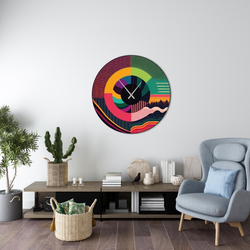 Square Wall Clock Layered Geometric Composition Colorful Metal Art