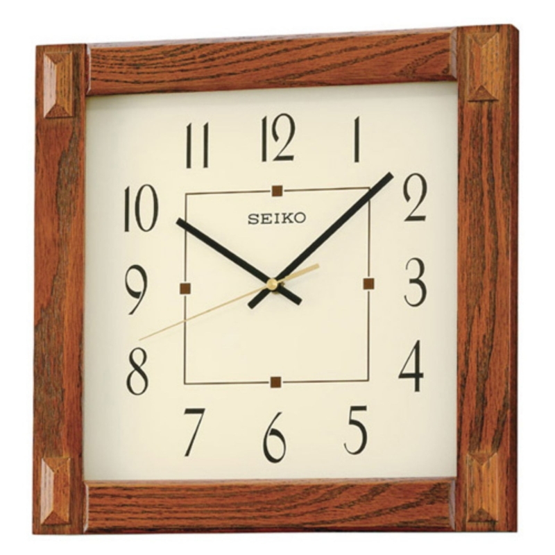 Square Wall Clock, Medium Brown Wood, Gold Accents, Mid Century Modern