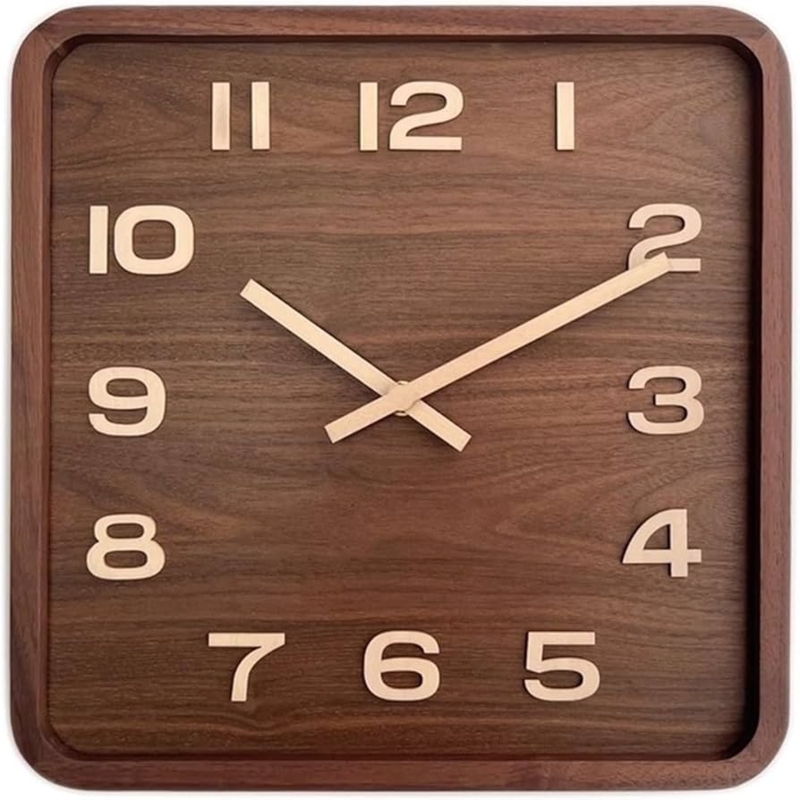 Square Wall Clock, Minimalist Walnut Wood Frame, Baton Hour Markers