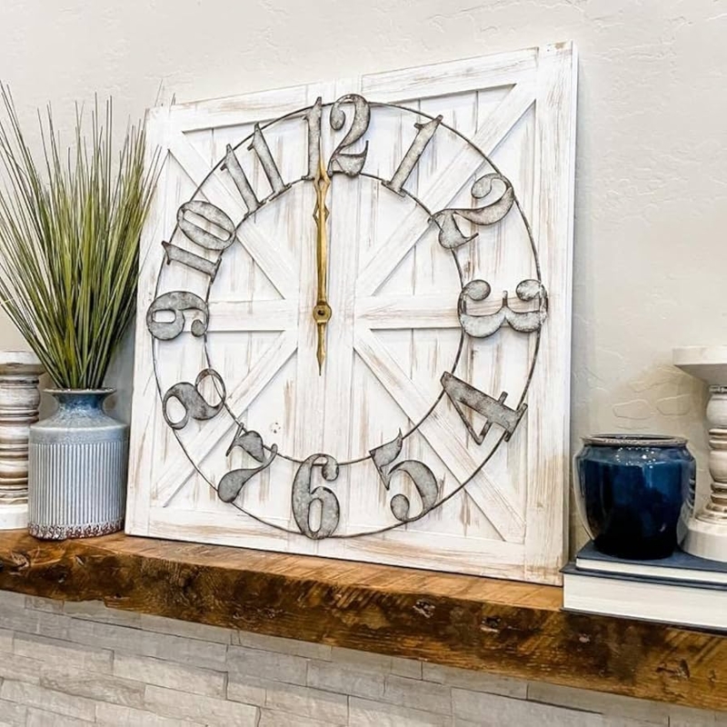 Square Wall Clock with Distressed Wood Frame and Roman Numerals