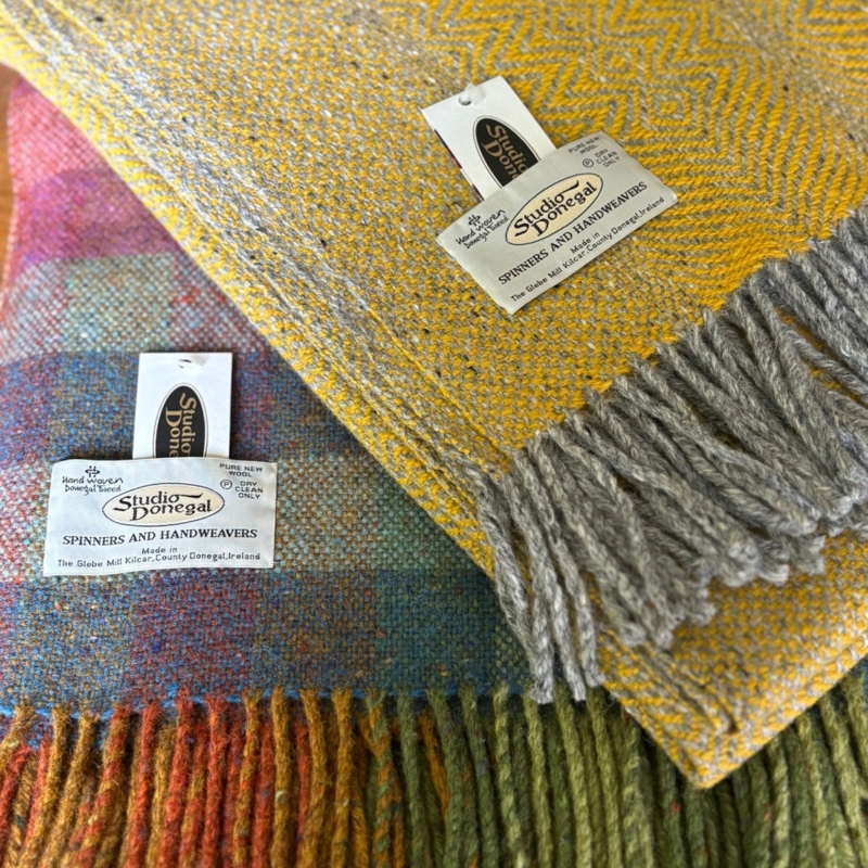 Stack of Blankets Woven Herringbone, Wool-Like Fringed Edges Artisanal