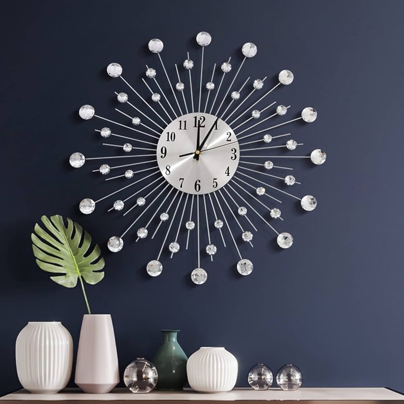 Starburst Wall Clock Crystal Accents Silver Modern Glam Decor