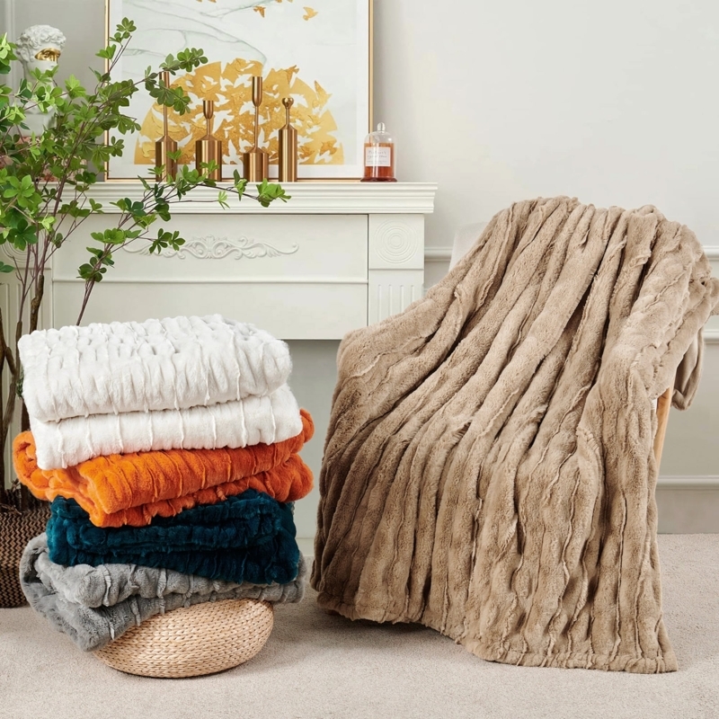 Stretchy Faux Fur Throw Blanket, Cream Long Pile, Cozy and Warm (61 chars)