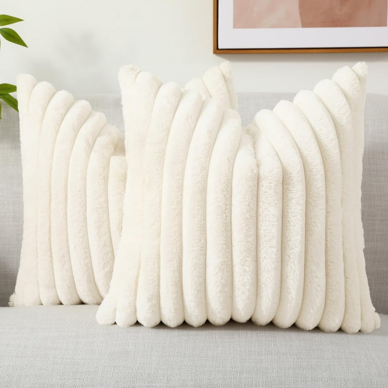 Striped Faux Fur Cushion Covers in Cream and White