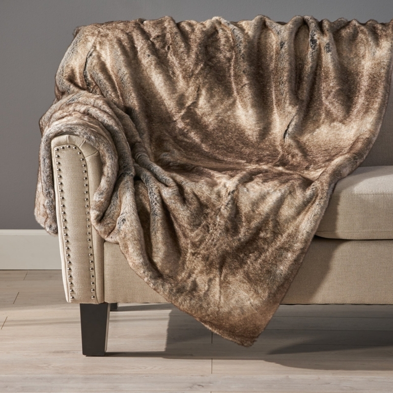 Striped Faux Fur Throw Blanket in Ash Gray and White High Pile