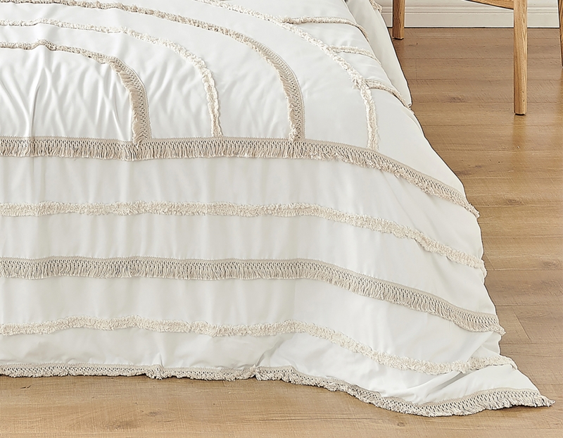 Sunburst Tufting Duvet Cover Set Ivory with Corner Tassels Boho Style
