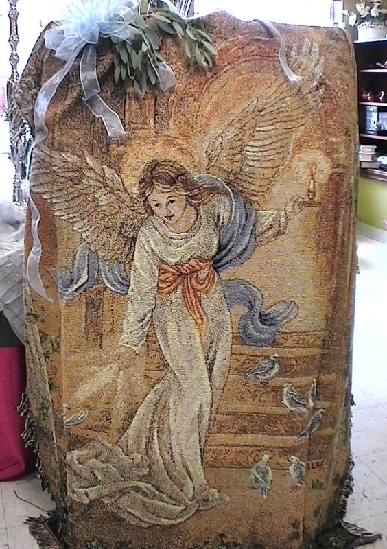 Tapestry Throw, Angel Illustration with Fringed Edges. Traditional Style.