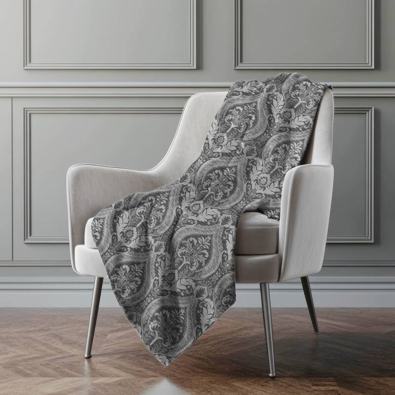 Taupe Medallion Damask Throw Blanket, Sherpa Reverse, Machine Washable