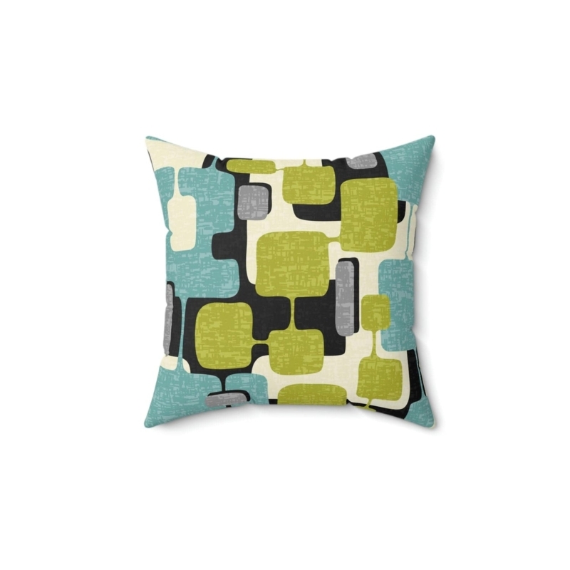 Teal and Lime Geometric Cushion featuring Retro Atomic Age Pattern