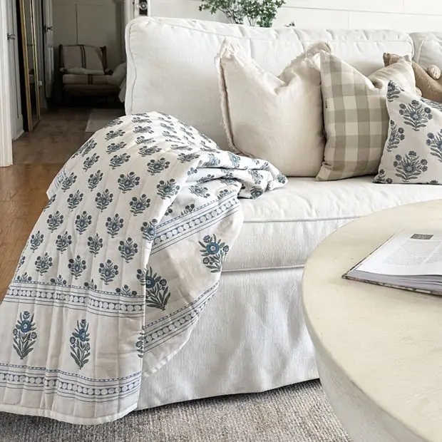 Teal Floral Block Print Throw Blanket with Corner Tassels