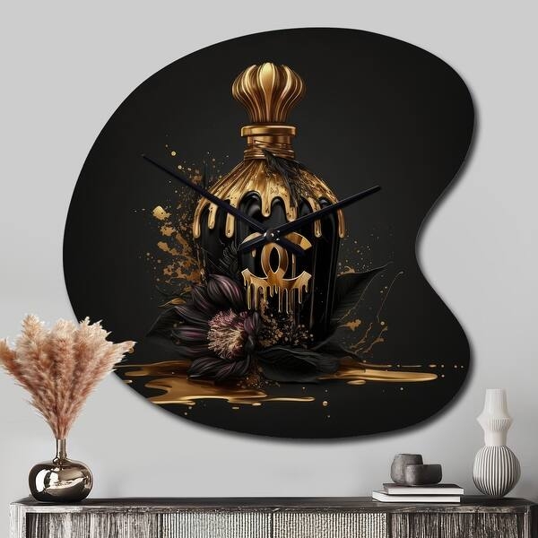 Teardrop Wall Clock Black Gold Perfume Bottle Graphic Art