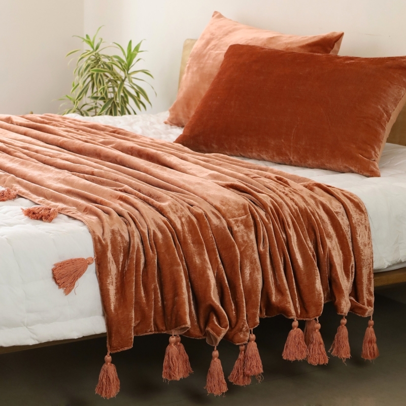 Terracotta Quilted Velvet Throw Blanket with Knotted Tassel Detail