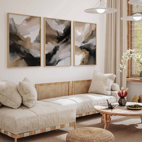 Textured Abstract Triptych: Canvas Set with Black Frames