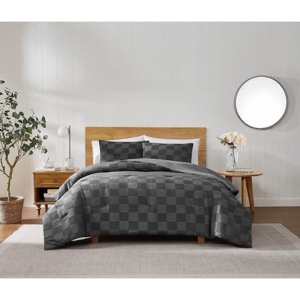 Textured Check Grey Comforter Set, Puckered Fabric, Serene