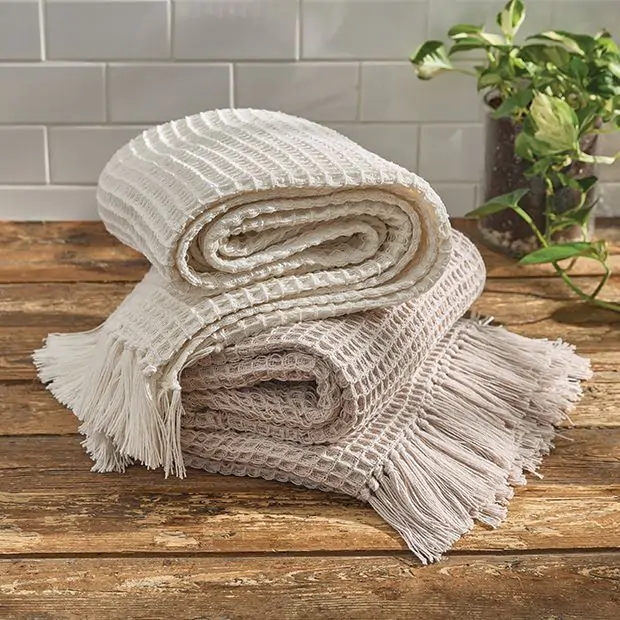 Textured Cream Waffle Throw Blanket with Heavy Fringed Edges