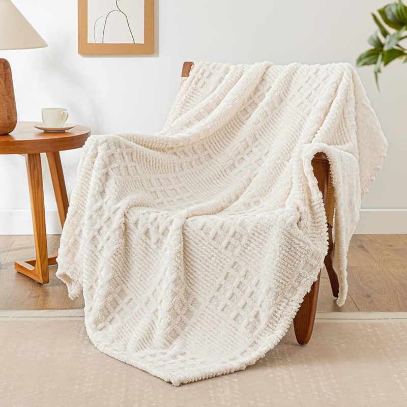 Textured Throw Blanket Beige 3D Waffle Patchwork Fleece Layer