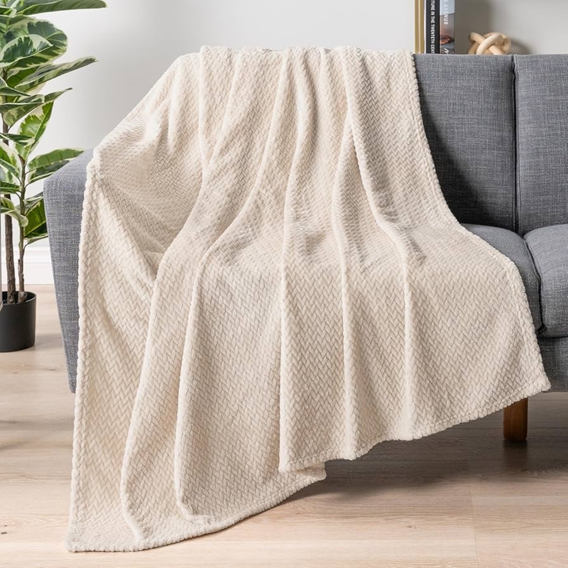 Textured Throw Blanket in Jacquard Pattern, Plush Ivory Fleece Accent
