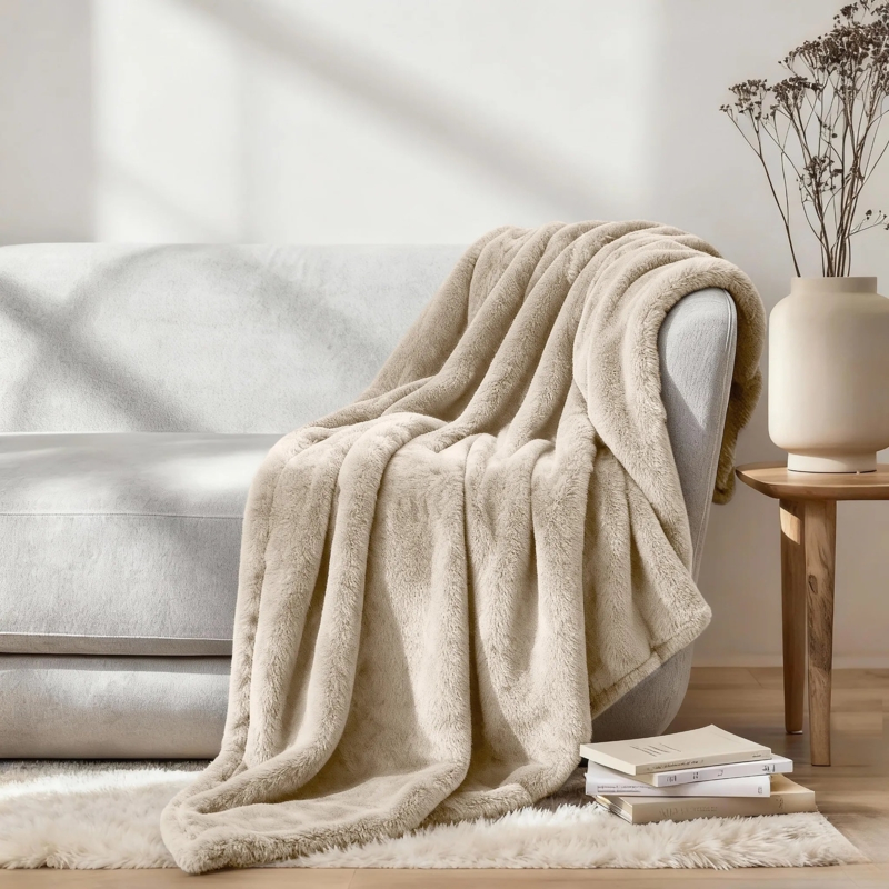 Textured Waffle Weave Throw Blanket in Linen Beige